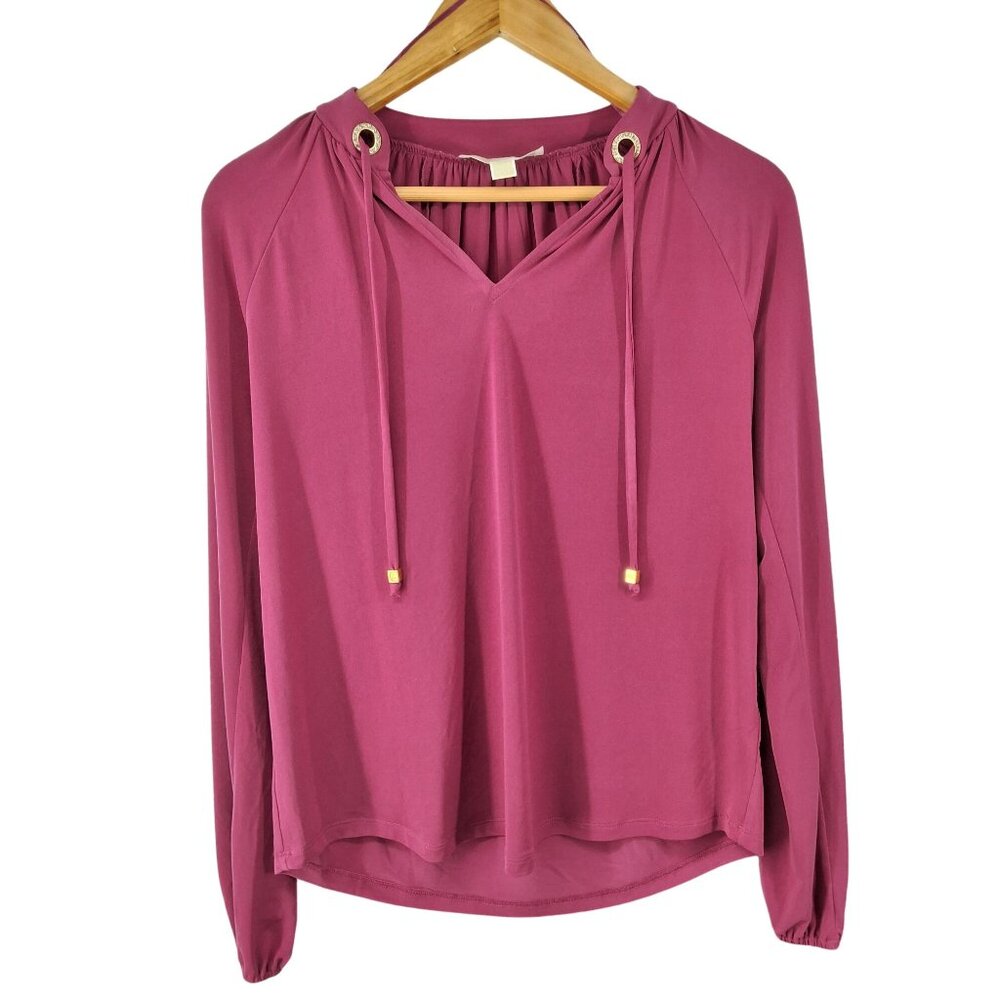 Michael Michael Kors Berry Long-Sleeve Top With Grommet Rhinestone Tie Neckline